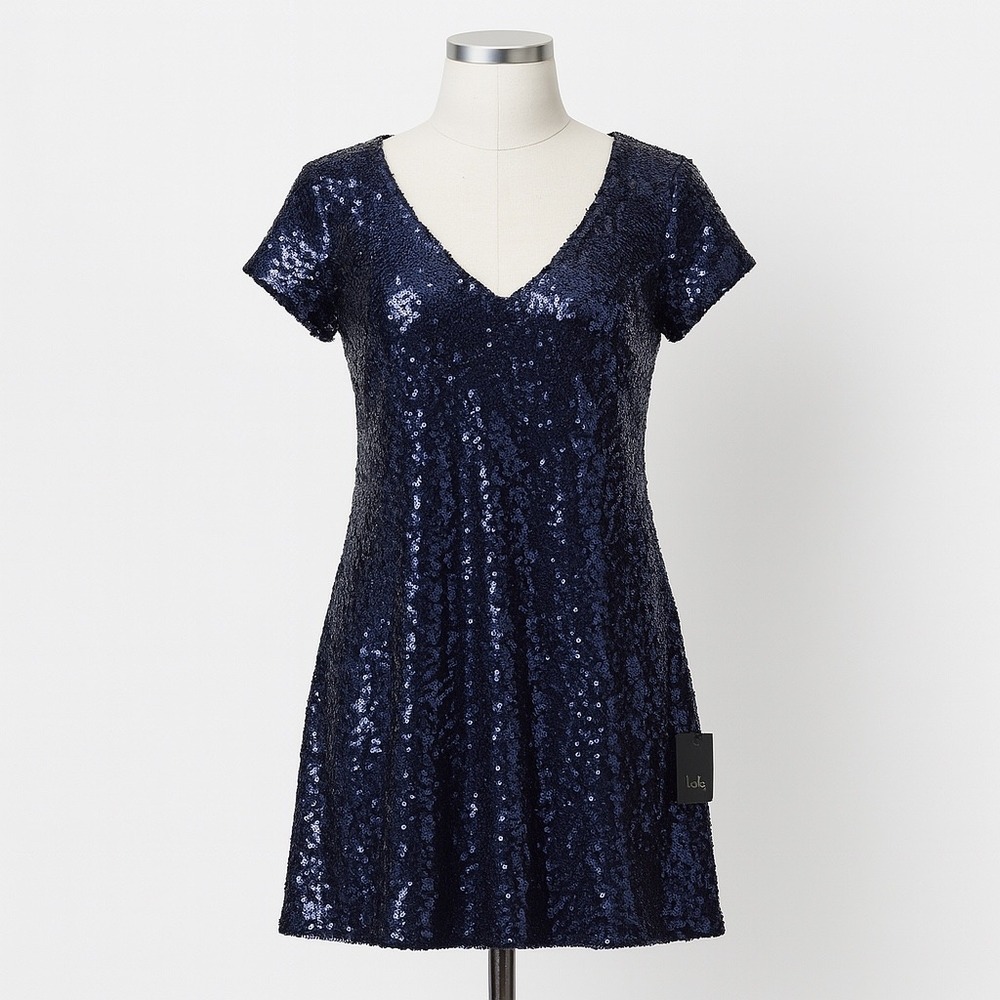 Lulus Sequin T-Shirt Mini Dress Womens XS Navy Blue‎ V Neck Party Cocktail